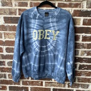 Obey Blue Tie-Dye Crewneck Sweatshirt with Yellow Logo